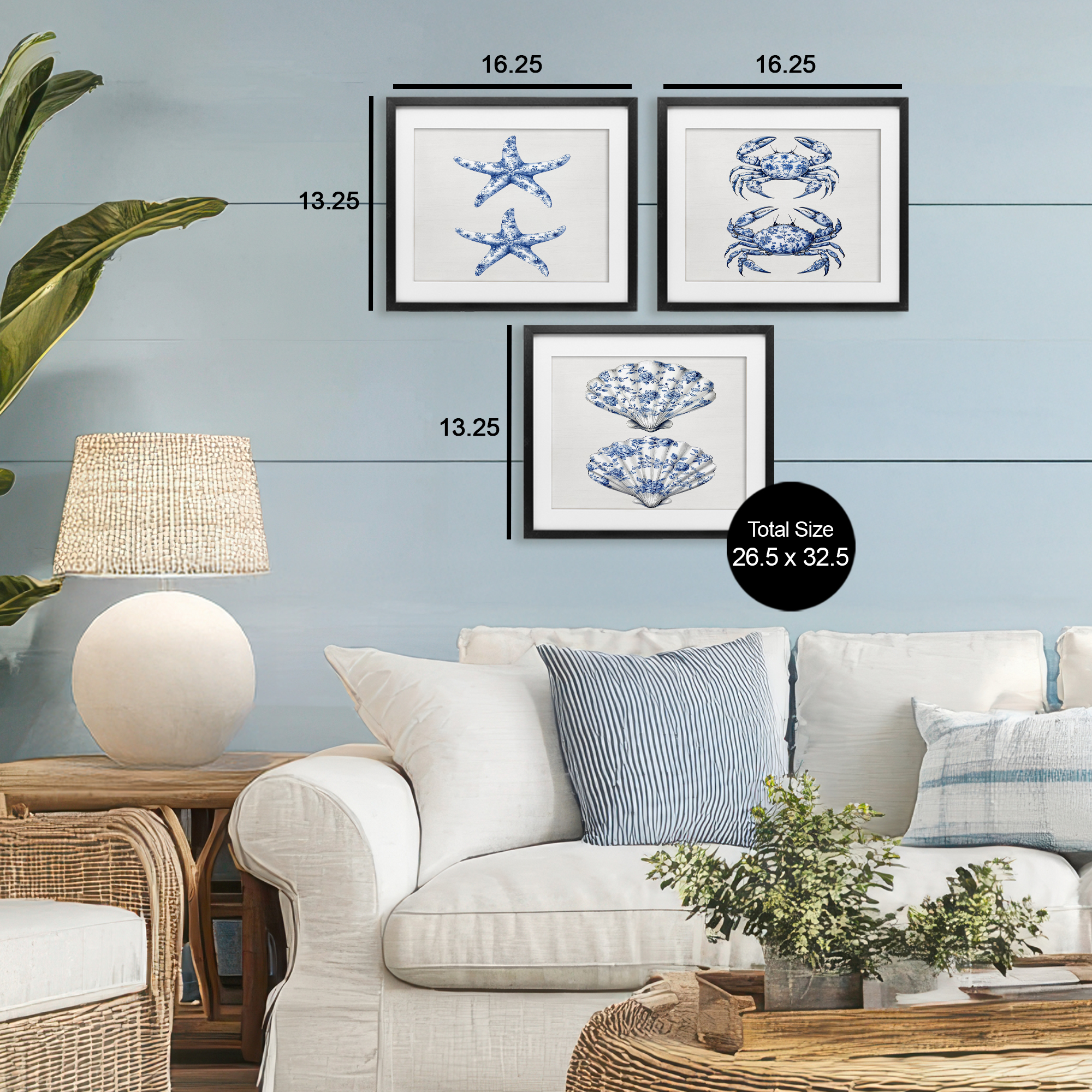 Vintage Toile Starfish & Crabs 3 Piece Black Framed Print Under Glass Set, design by Lettered and Lined