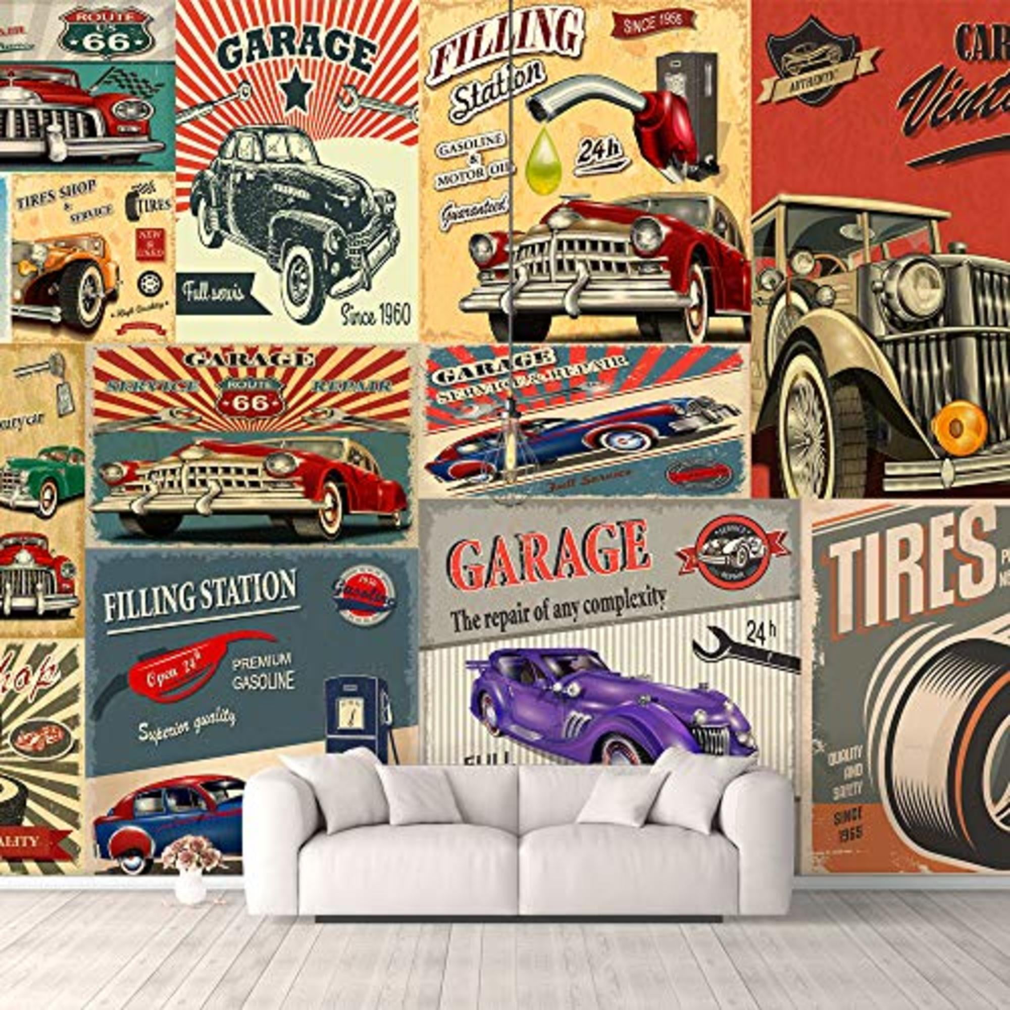 IDEA4WALL Wall Murals for Bedroom Vintage Car and Garage Collection Collage Removable Wallpaper Peel and Stick Wall Stickers - 66x96 inches