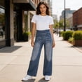 thumbnail image 6 of Wide Leg Jeans for Women High Waist Stretchy Straight Leg Side-Zipper Plus Size Baggy Casual Pull On Barrel Jeans with Pockets, 6 of 9