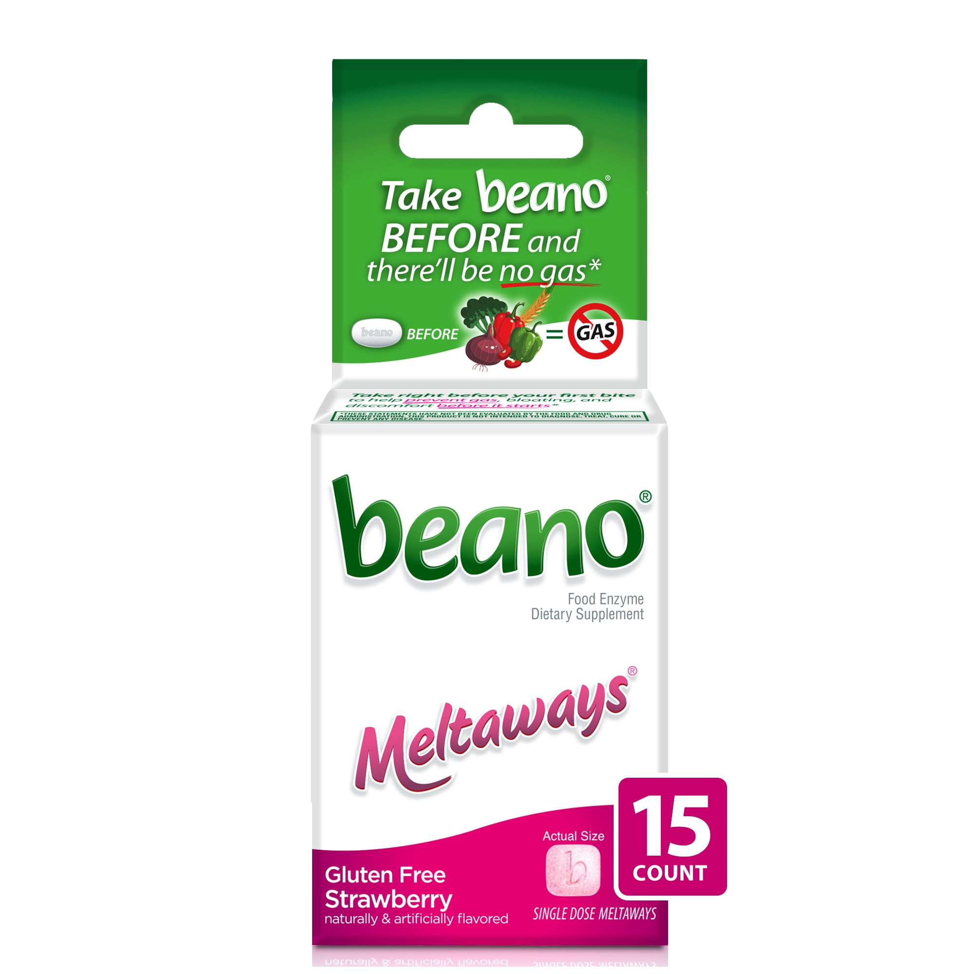 Beano Meltaways, Gas Prevention & Bloating Relief, Strawberry Flavor, 15 Count