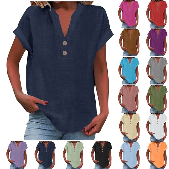 YanHoo Women Cotton Linen Tops Oversized Loose Fit V Neck Button Down Shirts Short Sleeve Vintage Vacation Boho Tee Shirt 2026 Green,XXXL