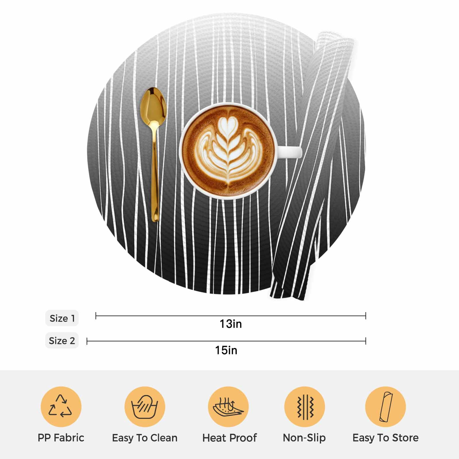 Black White Round Placemats Set of 4 Ombre Gradient Striped Minimalist Texture Place Mats Indoor Woven Table Mats Washable Heat-Resistance Braided Dining Table Placemats for Kitchen Party 13 Inch
