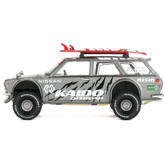 Datsun Kaido 510 Wagon 4x4 RHD "Kaido Offroad V1" Gray Metallic with Red Interior and Surfboards on Roof (Designed by Jun Imai) "Kaido House" Special 1/64 Diecast Model Car by Mini GT