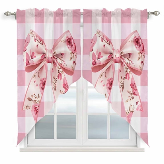 Pink Floral Print Kitchen Window Curtains, Swag Curtains Valance for Bedroom Living Room Bathroom, Checkered Bow Rose Flower Gingham Rod Pocket Window Treatment Curtain Block Drapes 2 Panels 28"x36"