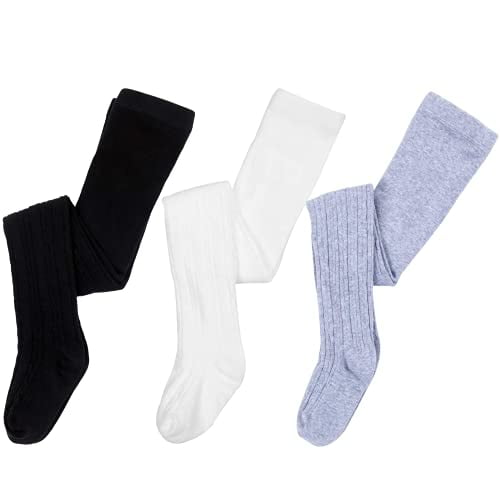 Girls Tights Toddler Cable Knit Cotton Footed Seamless Dance Ballet Baby Girls Leggings 3 Pack Assorted 2 Black Ivory Grey 3 4 toddlers