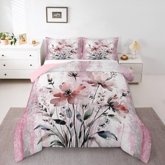 Erosebridal Groovy Floral Bedding Sets Queen with Comforter, Watercolor Flower Duvet Insert, Rustic Plant Reversible Comforter Sets Queen Size, Microfiber Room Decoration, 3pcs