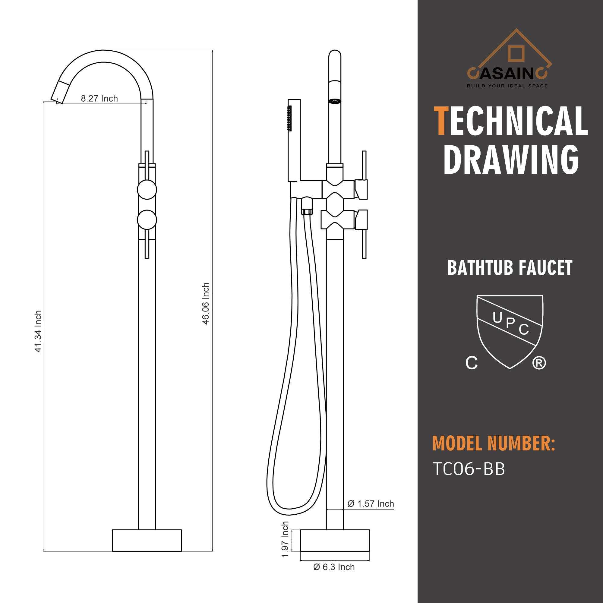 CASAINC Double-Handles Floor-Mount High Arch Tub Faucet High Flow Bathroom Tub Filler with Handshower in Brushed Brass