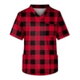 thumbnail image 3 of Domuza Scrub Shirts for Men Plaid Stripe Printed Short Sleeve V Neck Work Uniform Relaxed Fit Soft Comfy Medical Scrub Tops with 3 Pockets Red S, 3 of 4