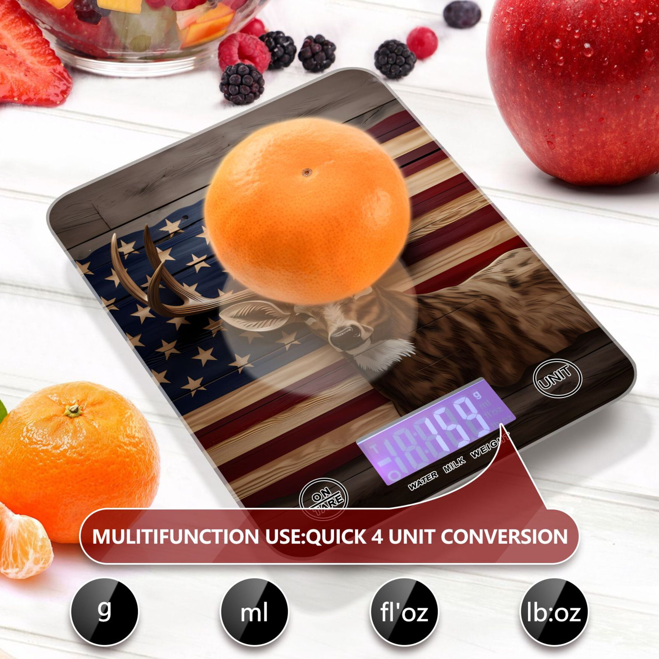 American Flag Deer Food Scale Digital Kitchen Scale Waterproof Tempered Glass Tare Function 11 lb for Baking Cooking Meal Prep