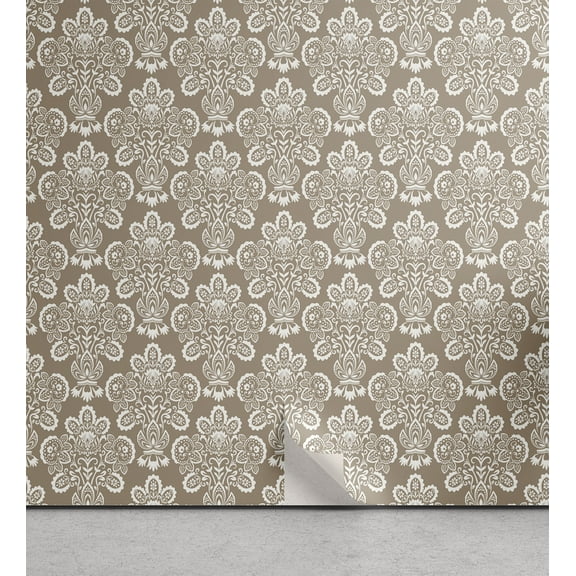 Ambesonne Vintage Peel & Stick Wallpaper for Home, Curly Floral Damask Motif, 13"x100", Warm Taupe and White