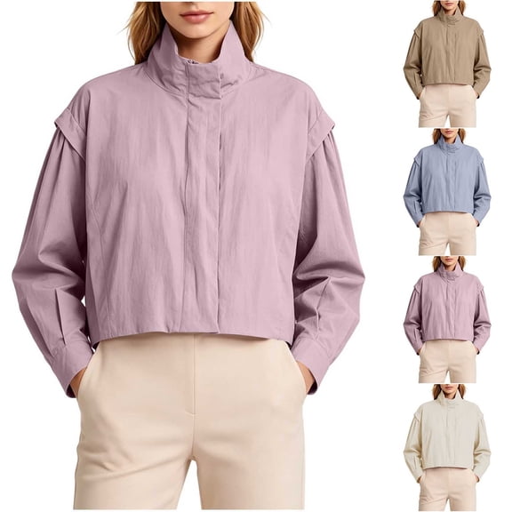 AnuYalue Women's Cropped Jackets Casual Sun Protection Full Zip Long Sleeve Outwear Fashion Workout Track Jacket with Pocket