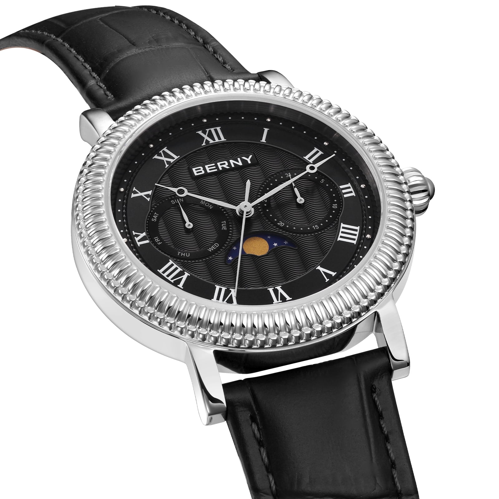 BERNY Mens Leather Watch, Vintage Roman Numerals Moon Phase Dress Watch with Day & Date, Stainless Steel, Sapphire Crystal, Waterproof, Fashion Luxury Analog Quartz Wrist Watches for Men (Silver)