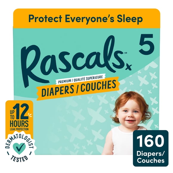 Rascals Premium Absorbent Baby Diapers, Size 5, Mega Carton, 160 Count