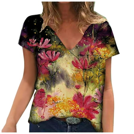 

HHei_K Women s Casual Fashion Loose Floral Print V-neck Short-sleeved Tops corset tops for women