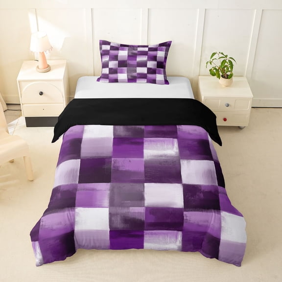 Homewish Purple Gradient Plaid Twin Duvet Cover,Vintage Artwork Twin Bedding,Black Reversible,2-Piece,1 Duvet Cover and 1 Pillowcase