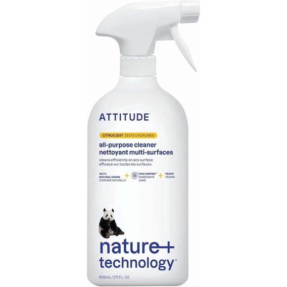 ATTITUDE All Purpose Cleaner, EWG Verified, Vegan, Made with 94% Plant-Based Ingredients, Streak-Free for Kitchen, Bathroom, Glass & More, Made in Canada, Citrus Zest Scent, 800 mL