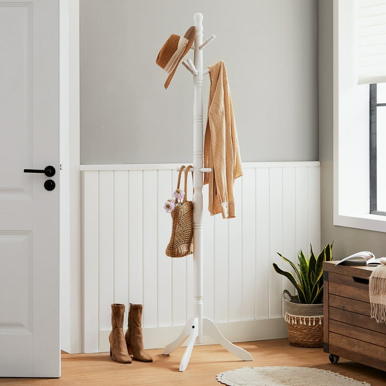 VASAGLE Coat Rack Solid Wood Coat Stand Free Standing Hall Coat Tree with 10 Hooks White