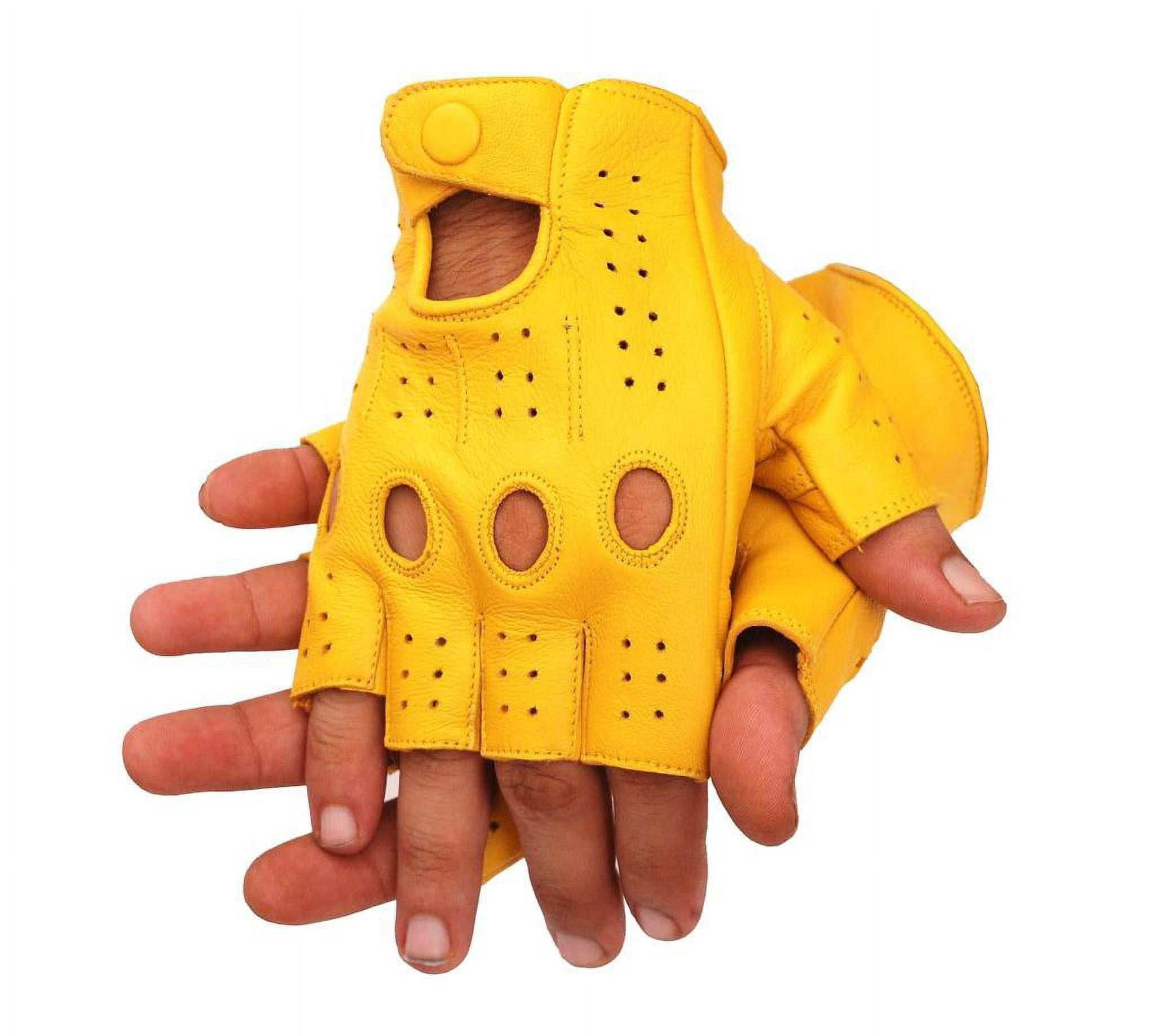 Driving Half Finger Finger less Knuckle Holes For Men Genuine Motorcycle Leather Gloves Yellow Small