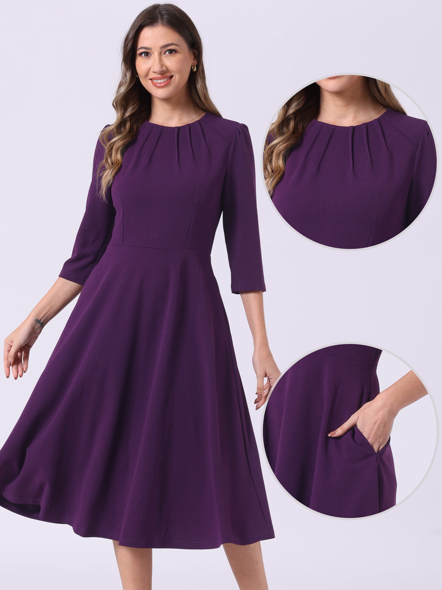DARING DIVA 3/4 Sleeve A-Line Midi Work Dress S Deep Purple