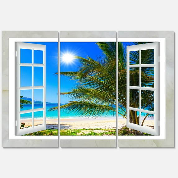 Designart 'Window Open to Beach with Palm' Metal Wall Art