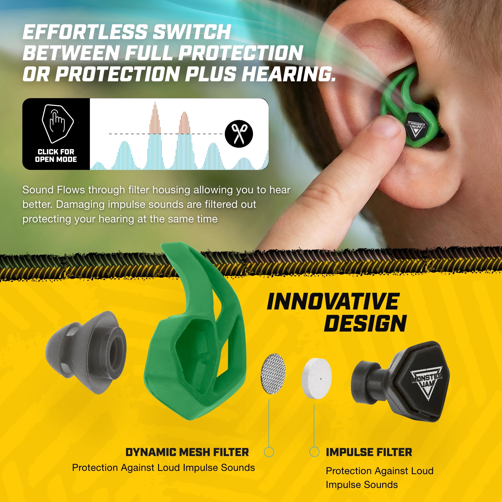 Axil Monster Jam X30i Grave Digger Kids Hearing Protection with Carrying Case and Hear-Through Mode