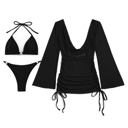 Discount Bonanza  Women s Solid Color Mesh Three-Piece  Conservative and Sexy Bikini Swimsuit Set  Trendy Beachwear  Comfortable Fit  Stylish Poolside Swimwear | Sopatenor  Black XL