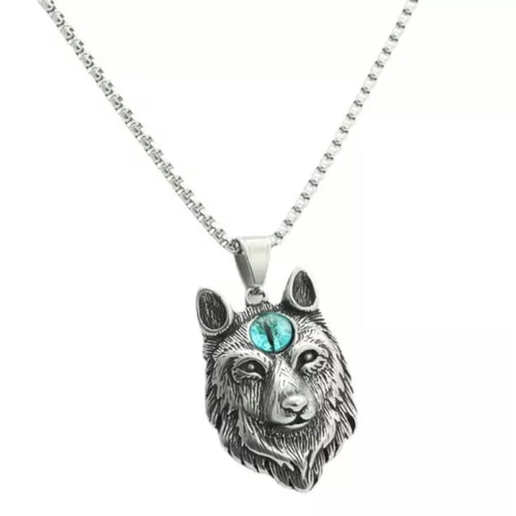 K-KED Mens Spiritual Evil Eye Wolf Head Pendant Necklace Stainless Steel Chain-Blue