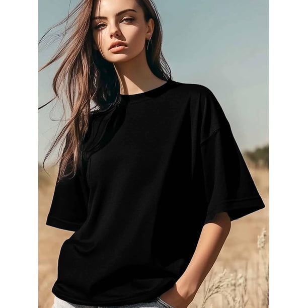 Womens T-Shirts Black T-Shirt Crewneck Short Sleeve Solid Color Summer Tops Casual Loose Tees