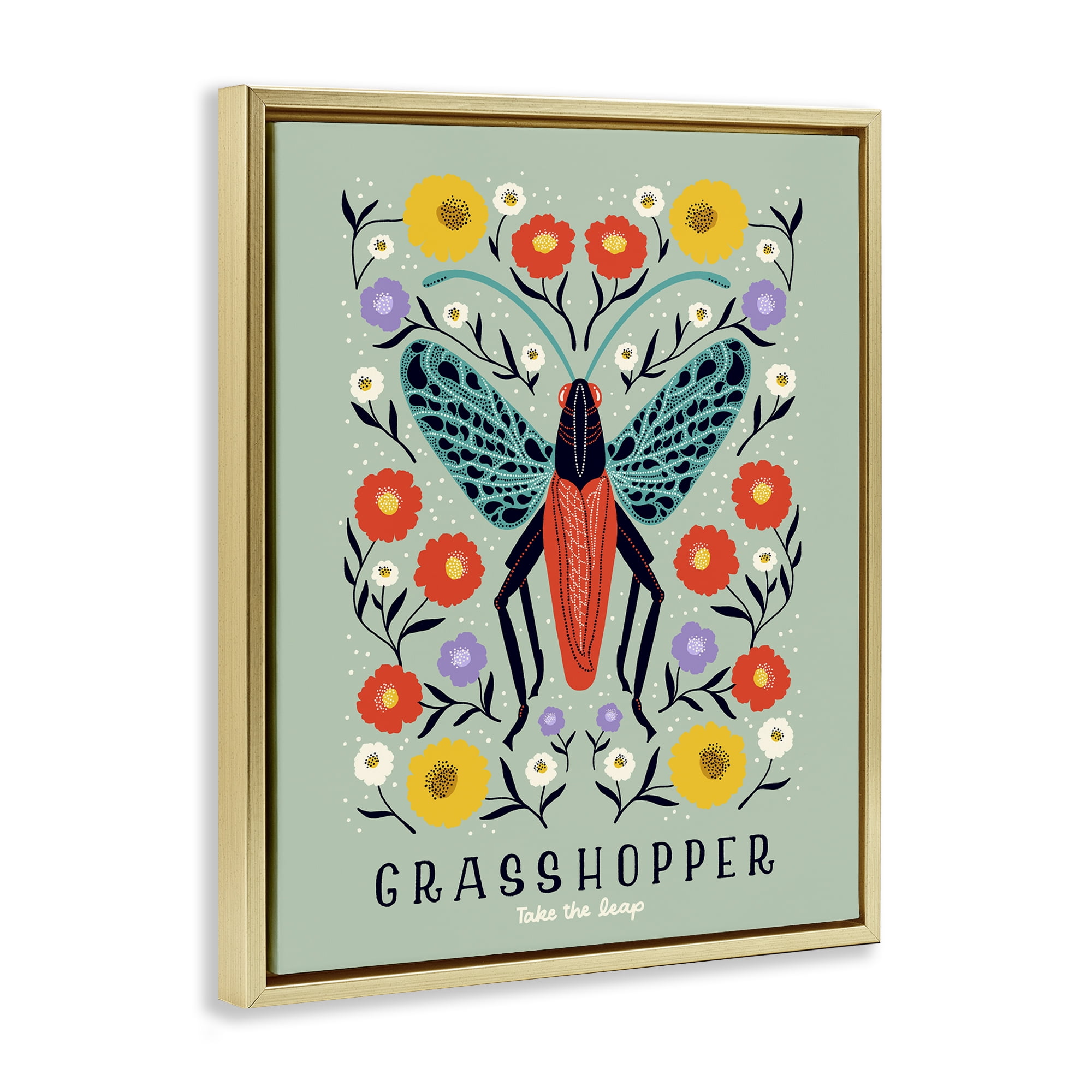 Stupell Industries Symmetrical Grasshopper with Blooms Gold Framed Floater Canvas Wall Art, design by Indira Prieto | IndySign