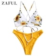 thumbnail image 3 of Zaful for Women Sunflower Print Lace-up Crisscross Bikini Set Rubber Ducky Yellow S, 3 of 7