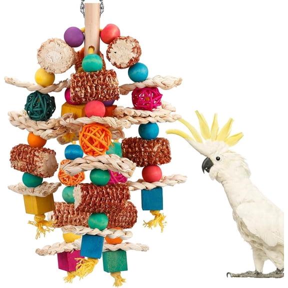 Natural Corn Cob Bird Chew Toys with Wooden Blocks for Small & Medium Parrots, Macaws, African Grey, Cockatoos, Amazon Parrots, Parakeet, Cockatiel, Sun Conure, Lovebird