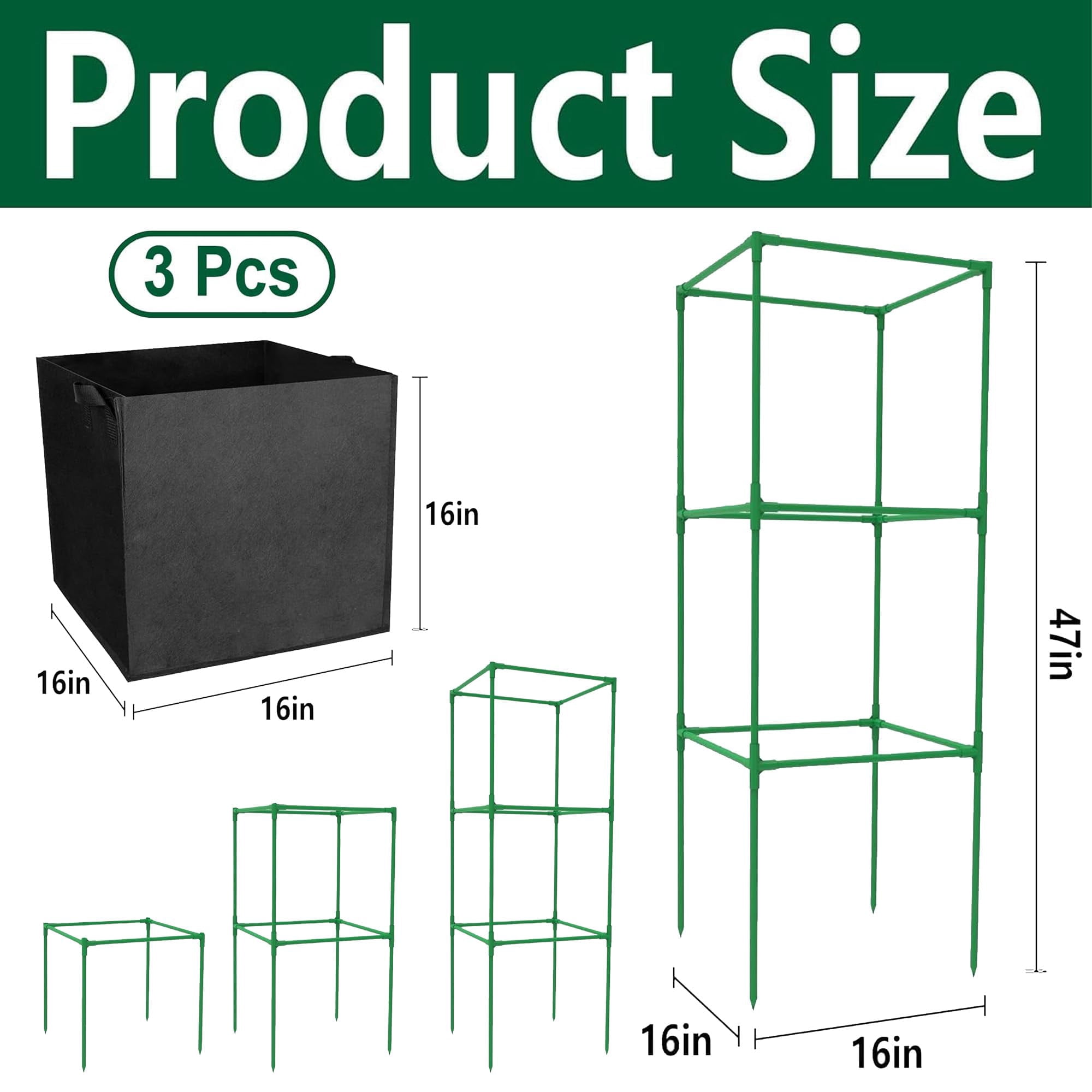 3 packs Garden Tomato Cages with 17.7 Gallon Grow Bags-Alloy Steel Square Plant Support Trellis Assembled for Vertical Climbing Plants