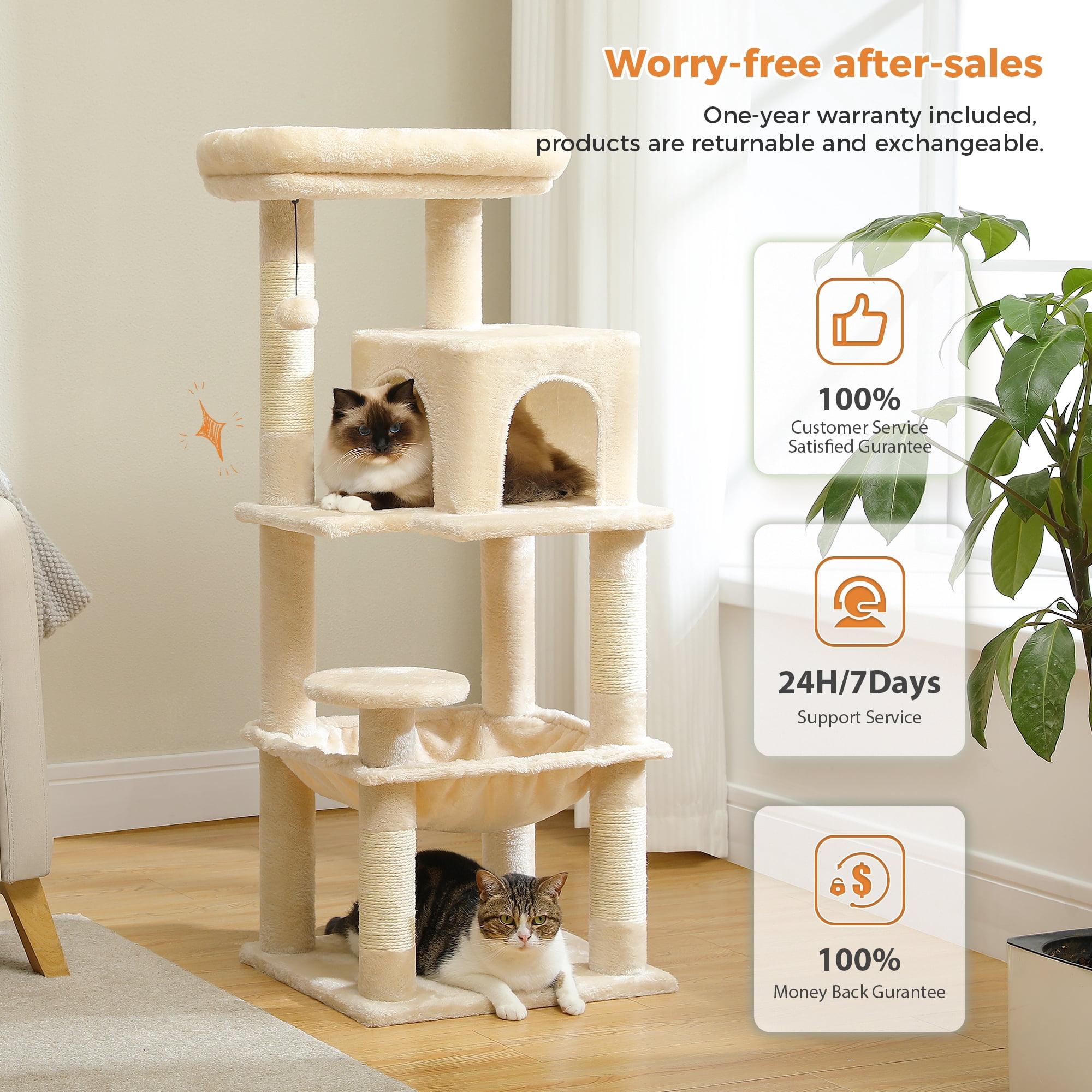 PEQULTI 45.7" Multi-Level Cat Tree Large Cat Tower Indoor with Condo and Hommock Dark Beige