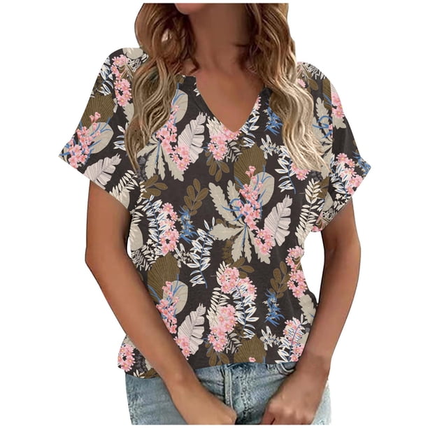 Tops Cortos para las Mujeres, Casual Plaid V-Cuello Manga Corta Suelta Camiseta Top Hecho de Poliéster Ligero para Toda la Temporada, Tops Sueltos para las Mujeres