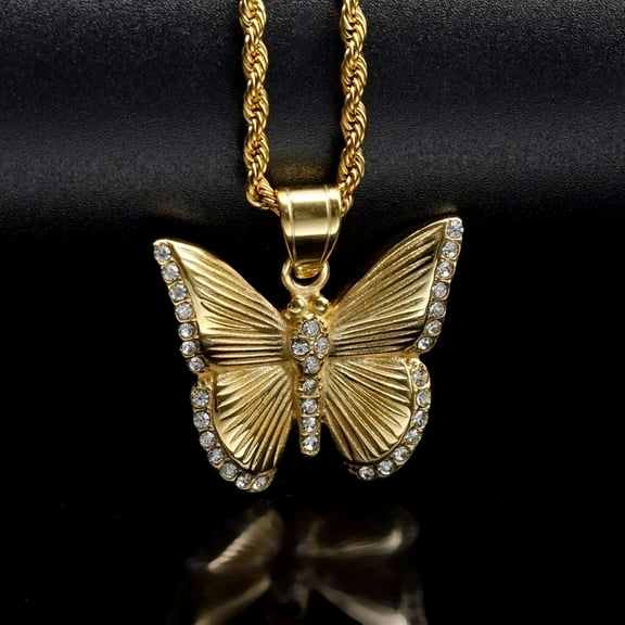 14K Yellow GoldNecklace Butterfly Inlaid Cubic Zirconia Golden Silver Color Pendant Necklaces for Women Party Gift