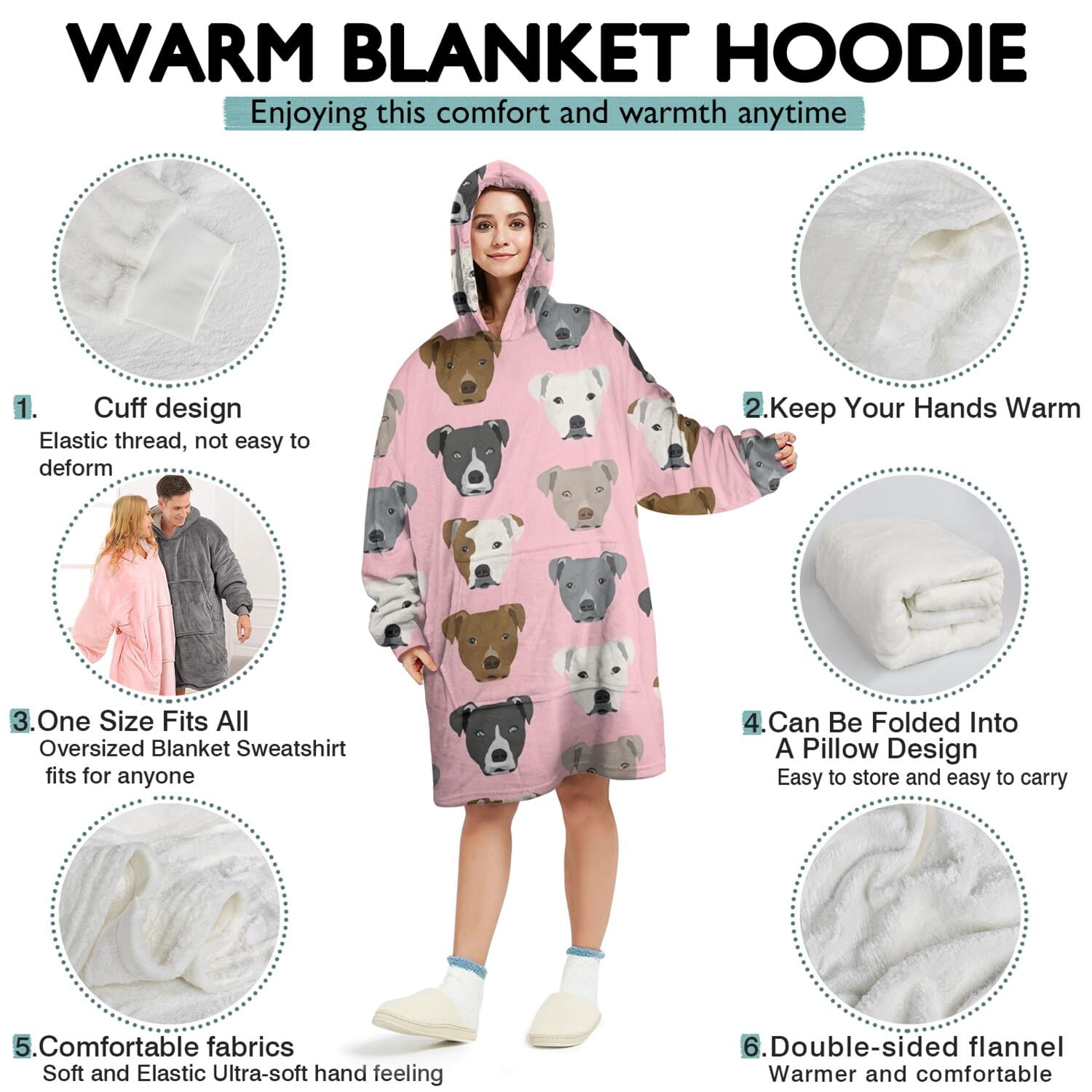 Wearable Oversized Blanket,Pit Bull Terrier Wearable Blanket Hoodie for Adults,Cozy Hooded Blankets with Super Pockets,Super Warm Fuzzy Pullover for Women & Men
