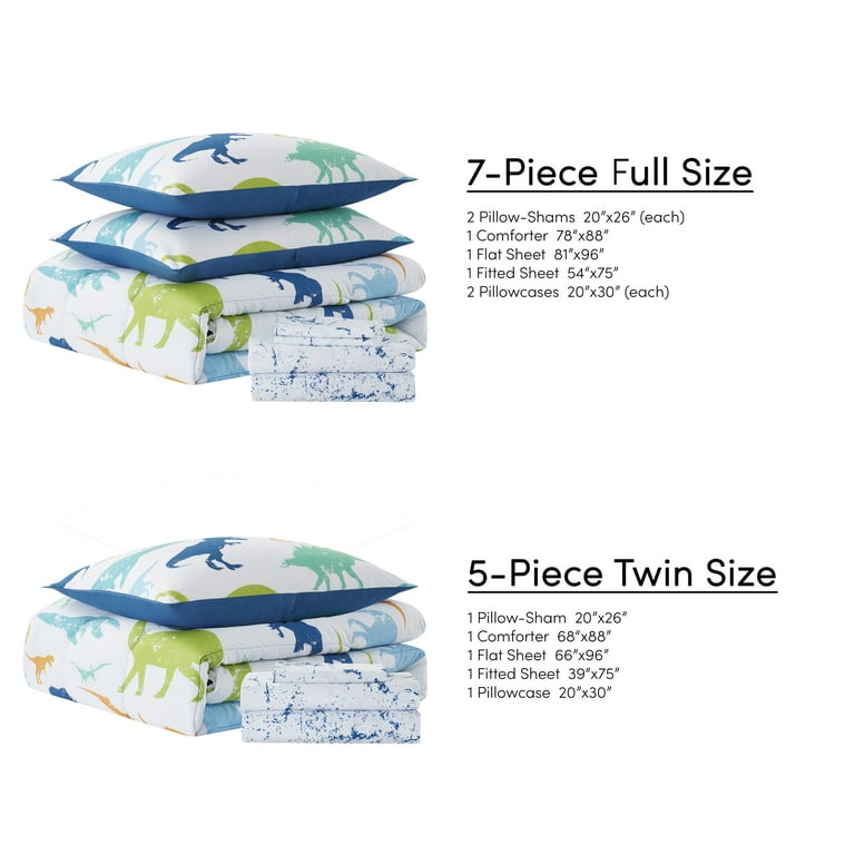 Linen Plus Set Piumone Dinosauro Per Bambini - 6 Pezzi In Microfibra, Blu Scuro, Verde E Grigio