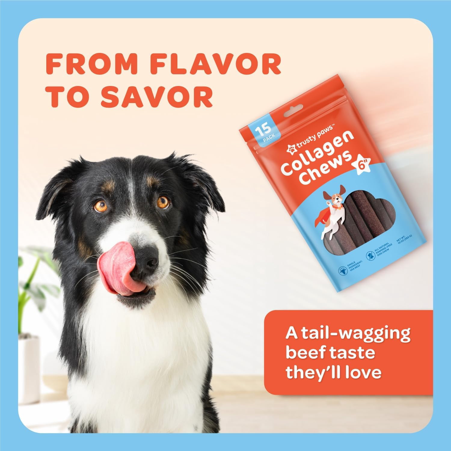 Trusty Paws Beef Collagen Sticks for Dogs, Rawhide-Free Dog Chew Treats, 10 oz, 15-Pack