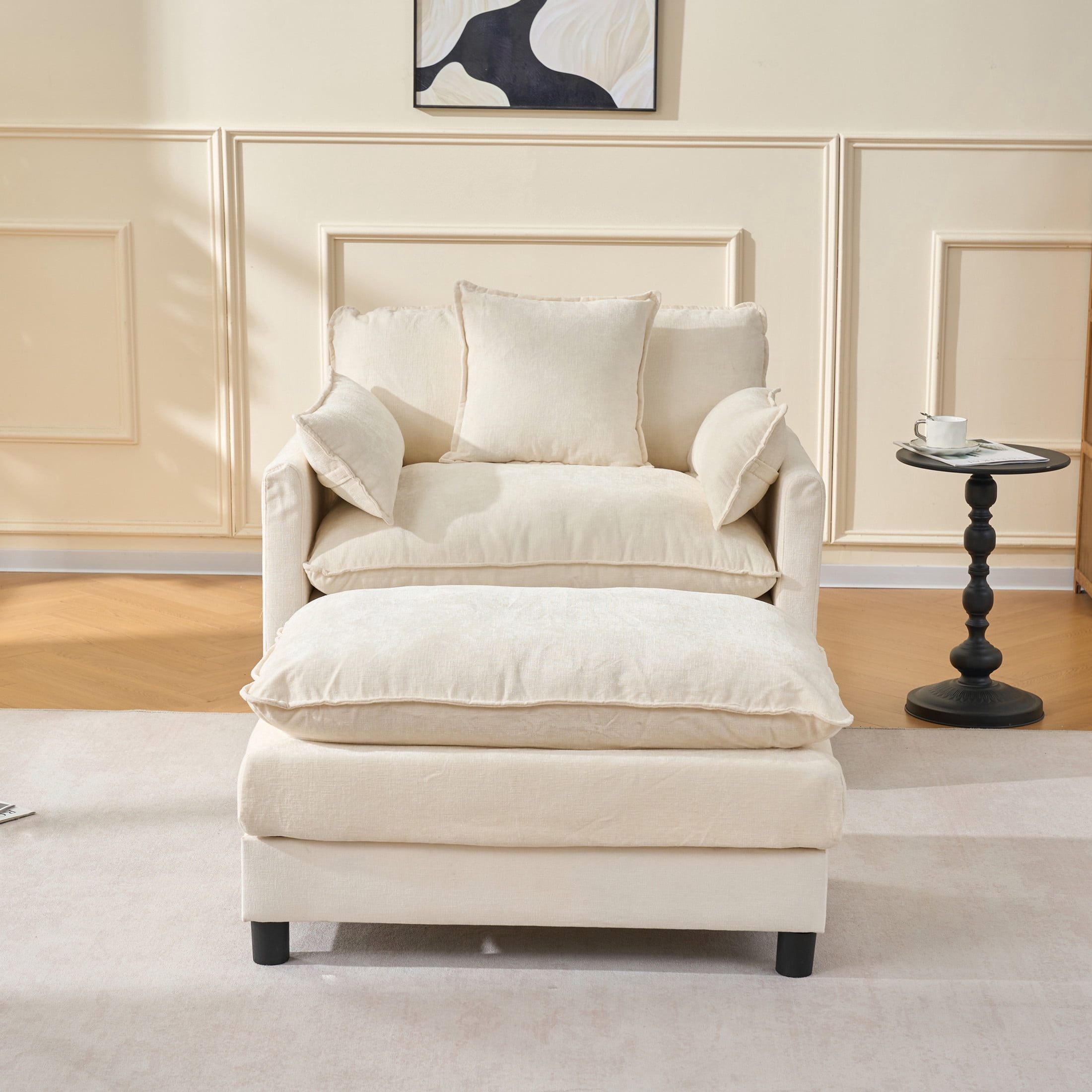 Noble House Modern Chenille Upholstered Accent Chair with Ottoman, Solid Wood Frame, Beige