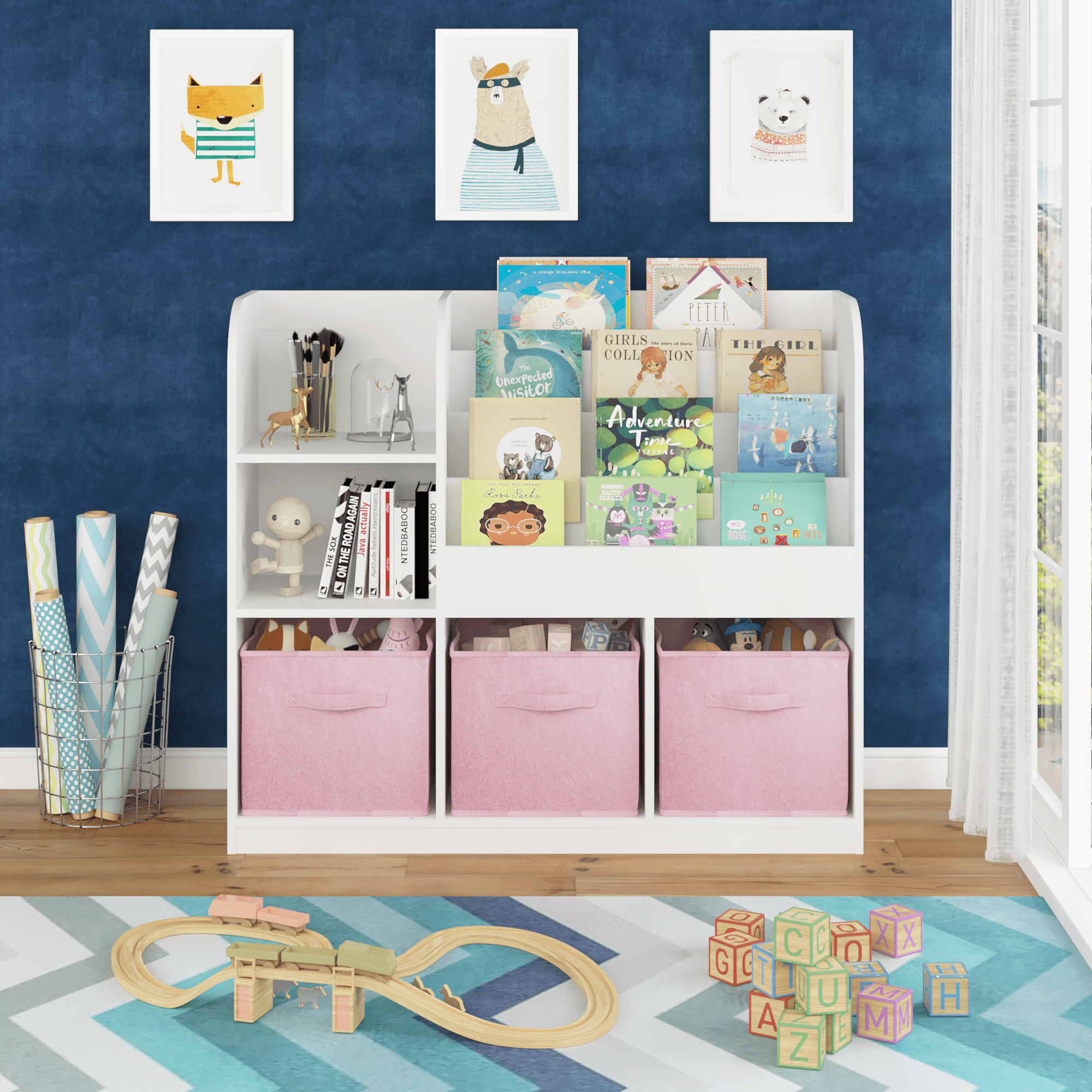 Kids Bookcase and Bookshelf, Multifunctional Bookcase with 3 Collapsible Fabric Drawers, Bookcase Display Stand, Toy Storage Organizer for Bedroom, Playroom, Hallway (White/Pink)
