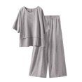 thumbnail image 2 of Soki Ensembles 2 Pcs en Lin pour Femmes, Hauts à Manches Courtes, Pantalons à Jambes Larges, Ensembles Décontractés d'Été, 2 of 8