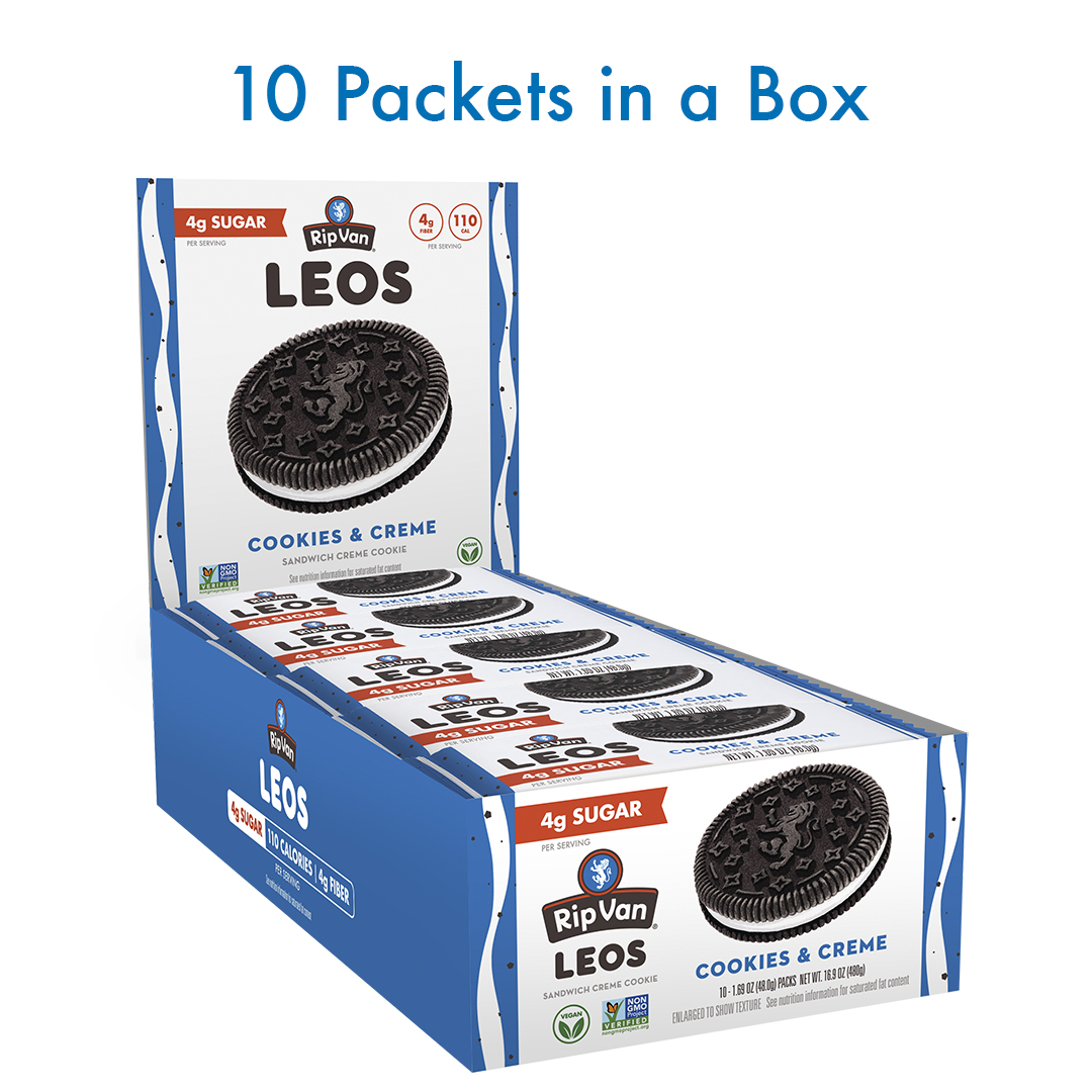 Rip Van Leos Cookies & Creme Sandwich Cookies, Low Carb, 2g Sugar, 10 Packs (40 Cookies, 1.69 oz Each)