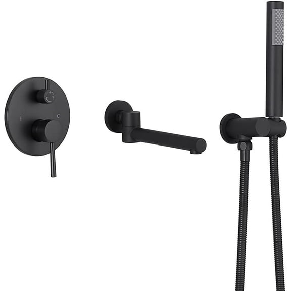 Wall Mounted Bathtub Faucet with Handheld Shower Single Handle Round Swivel Tub Filler Bathtub Faucet Tub Spout Fixtures Solid Brass Bathroom Rough-in Valve,Matte Black