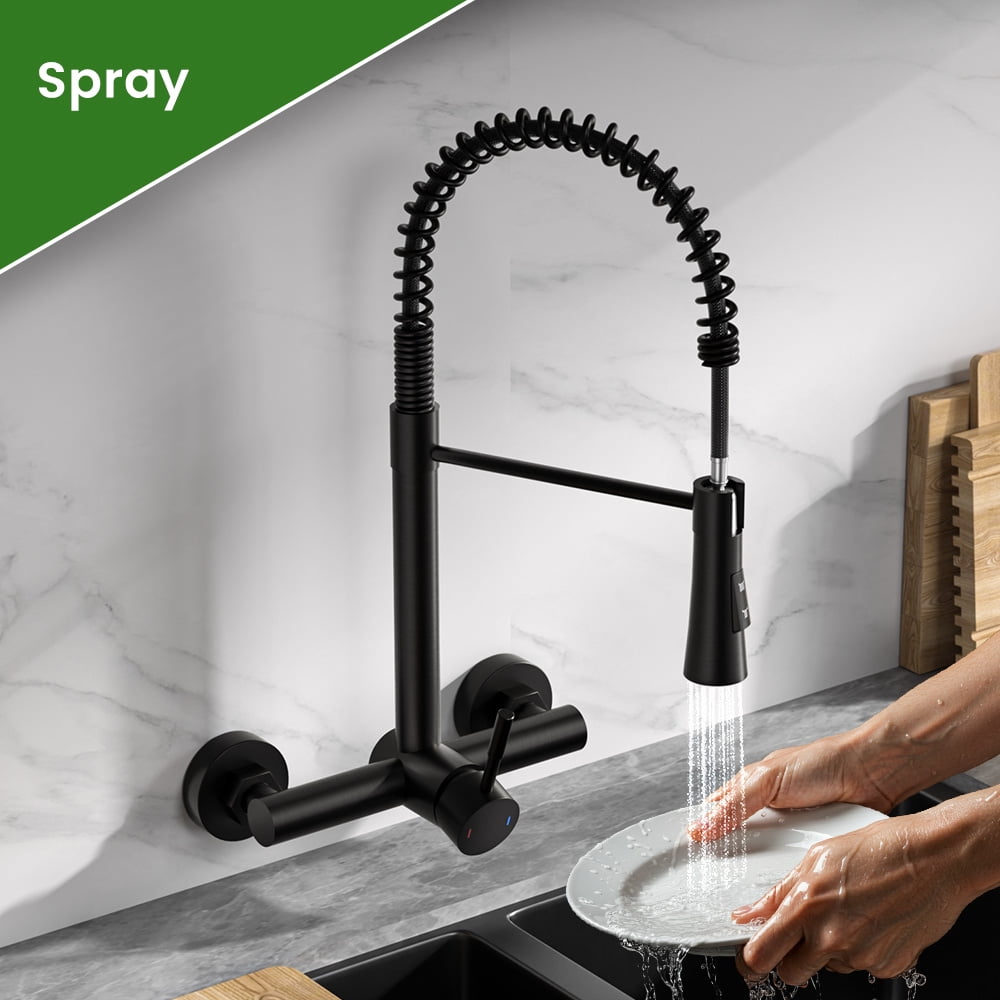 Wall Mount Kitchen Faucet Single Handles, 8 Inch Center Wall Commercial Utility Sink Faucet with Pull Out Sprayer 2 Modes, Stainless Steel, Matte Black