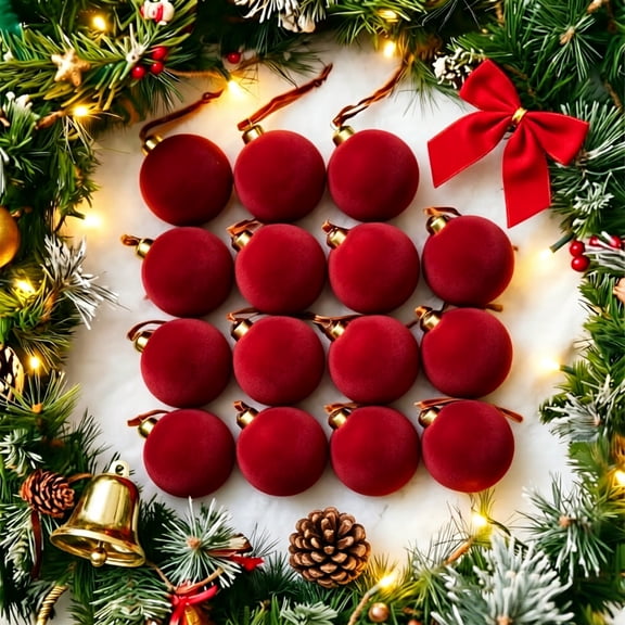 15 pack Burgundy Velvet Christmas Valentine Balls, 3.15 inch Flocked Hanging Ornaments for Xmas Tree Holiday Wedding Party Decoration