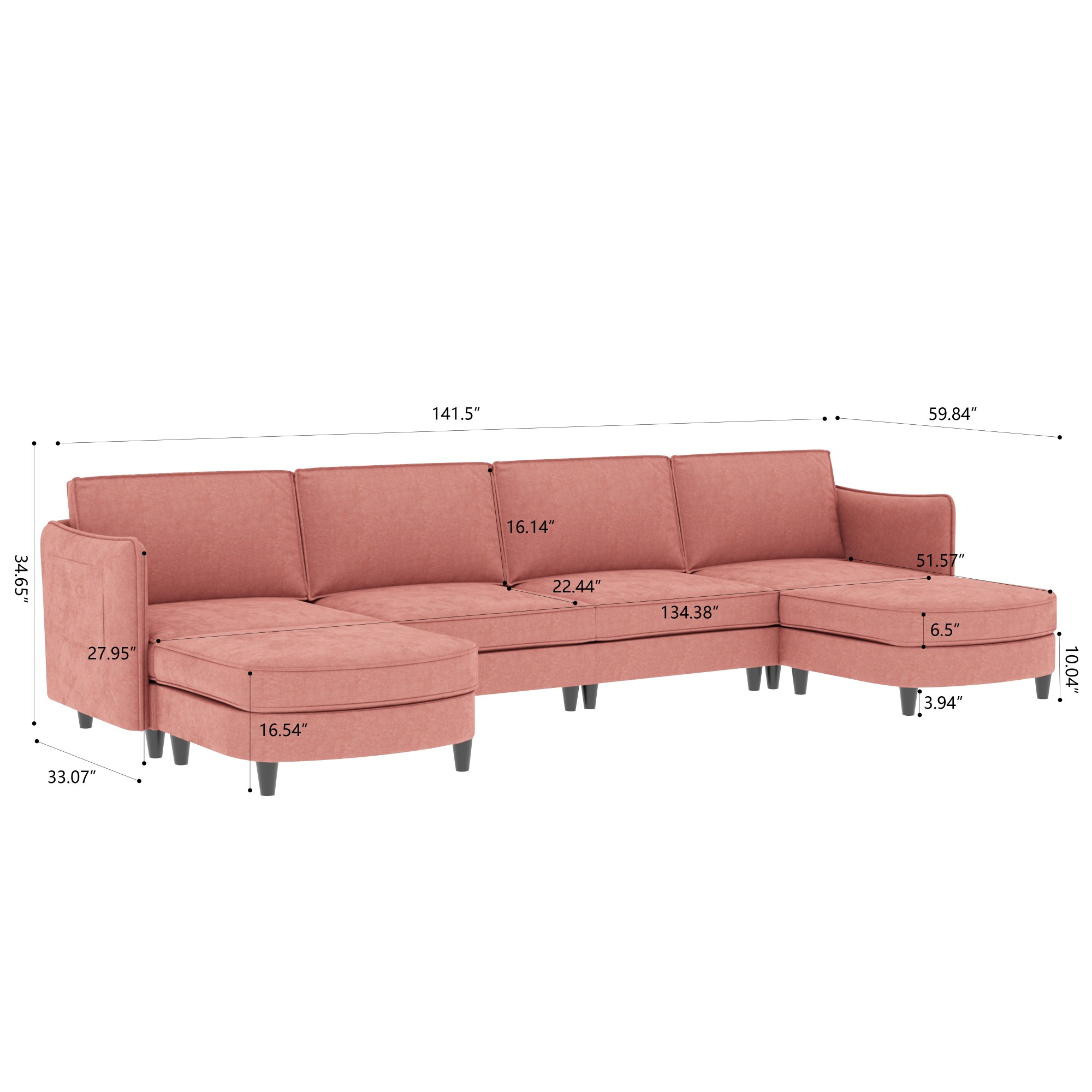 141" U-Shaped Sectional Sofa Couch,Modern Fabric 6 Seater Sofa Couch with Movable Ottoman&Pockets for Living Room, Apartment,Red