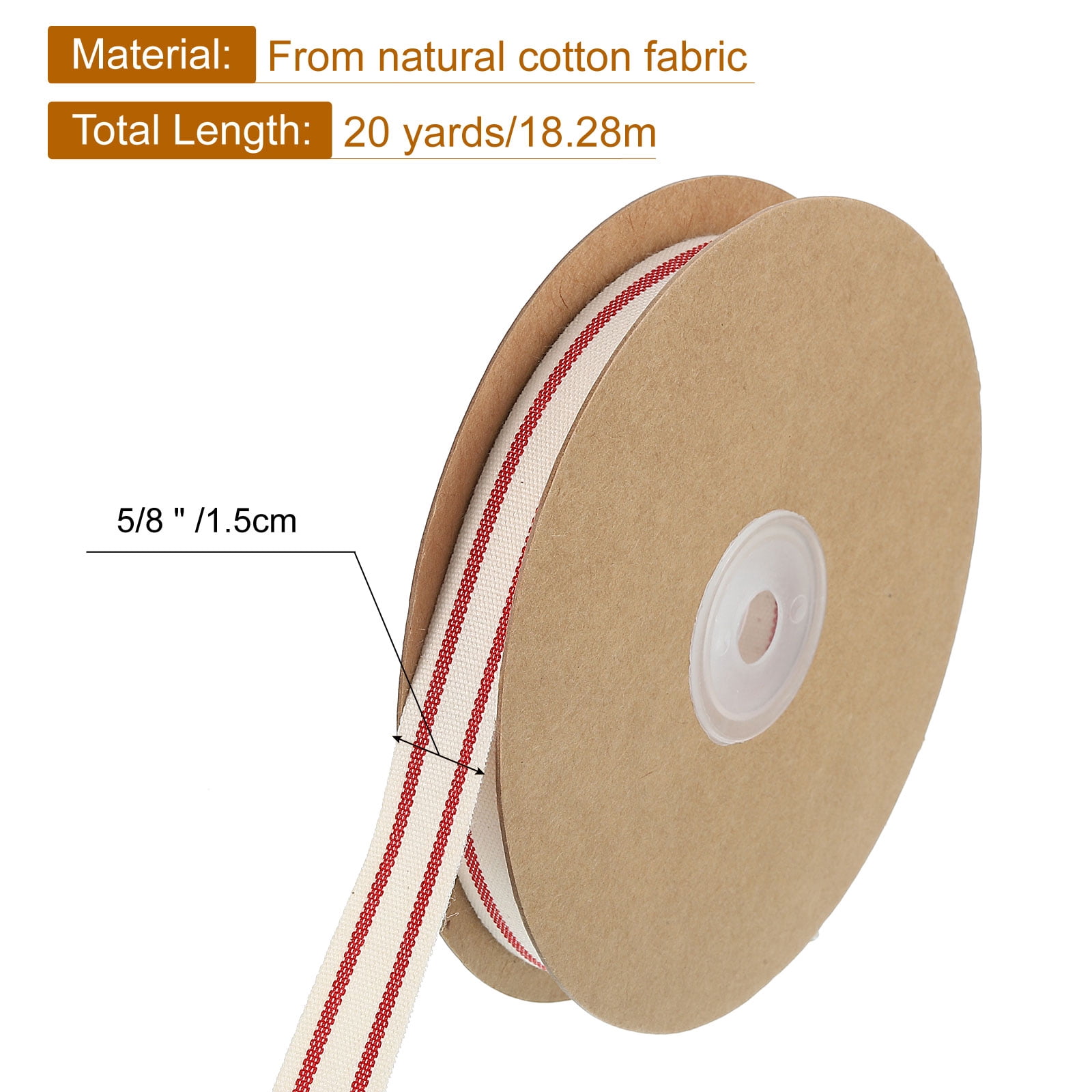 Unique Bargains Natural Cotton Stripes Ribbon for Gift Wrapping Natural with Red 20 Yd x 5/8"