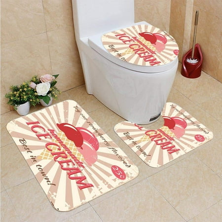 CHAPLLE Ice Cream Vintage Sign Ice Cream Best in Town Quote Coral 3 Piece Bathroom Rugs Set Bath Rug Contour Mat and Toilet Lid