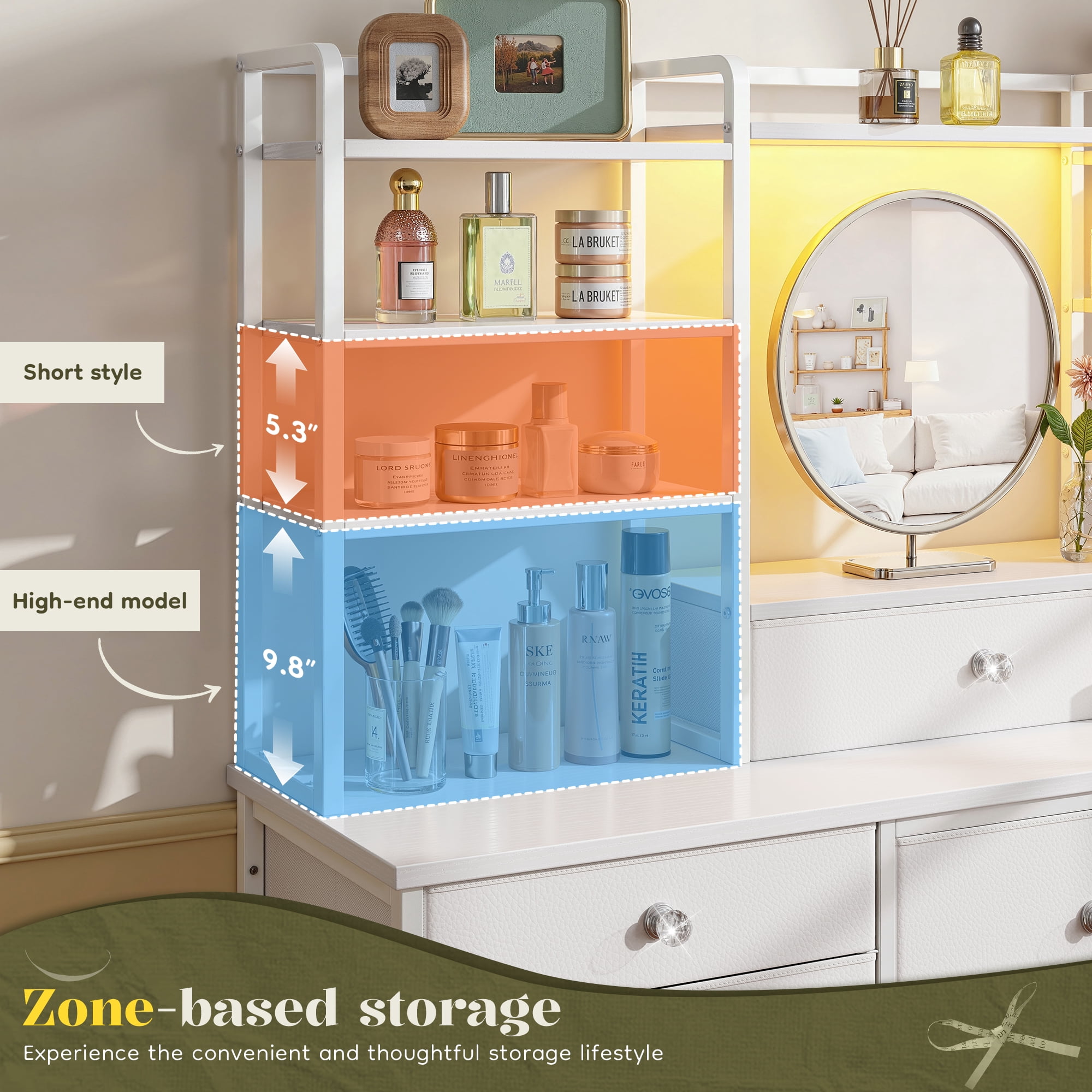 EnHomee Fabric Dresser for Bedroom with LED Lights Vanity Dressing Table with 12 Drawers & Open Shelves，White
