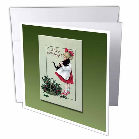 Christmas Gift Card Basket Ideas 3dRose A Jolly Christmas Little Girl Holding a Black Cat with a Basket of Holly Leaves and Berries, Greeting Cards, 6 x 6 inches, set of 6 ()